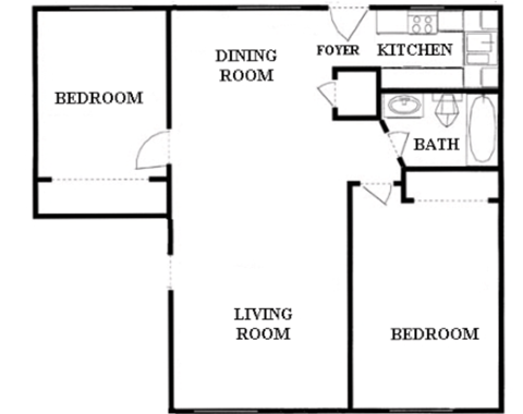 A floor plan of a house with a living room, dining room, kitchen, two bedrooms and a bathroom.